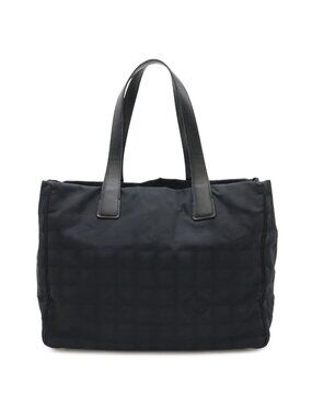 Chanel New Travel Line Tote MM Shoulder Bag Nylon Jacquard Leather Black